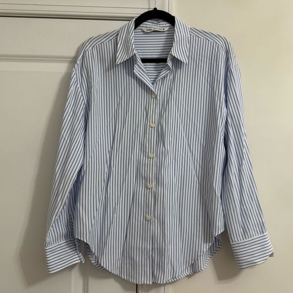 Zara Women's Blue and White Striped Button Down Shirt - Picture 2 of 8